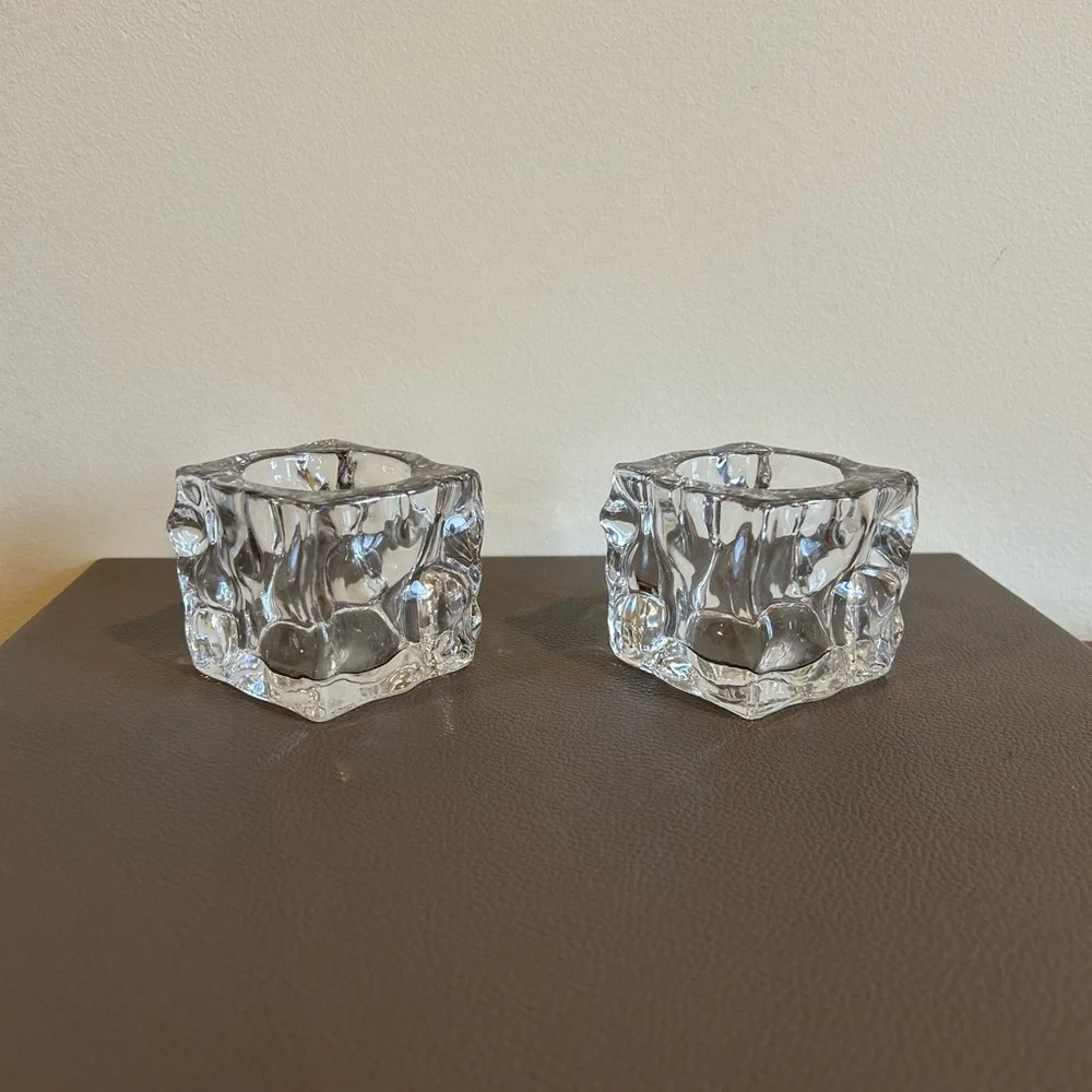 PartyLite Glacier Ice Cube Clear Glass Candle Holders - Set of 2